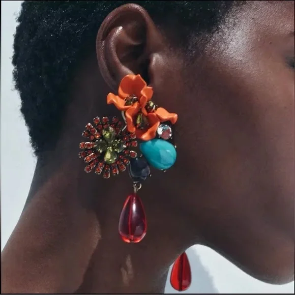 Floral Orange Gemstone Drop Earrings - Picture 1 of 7